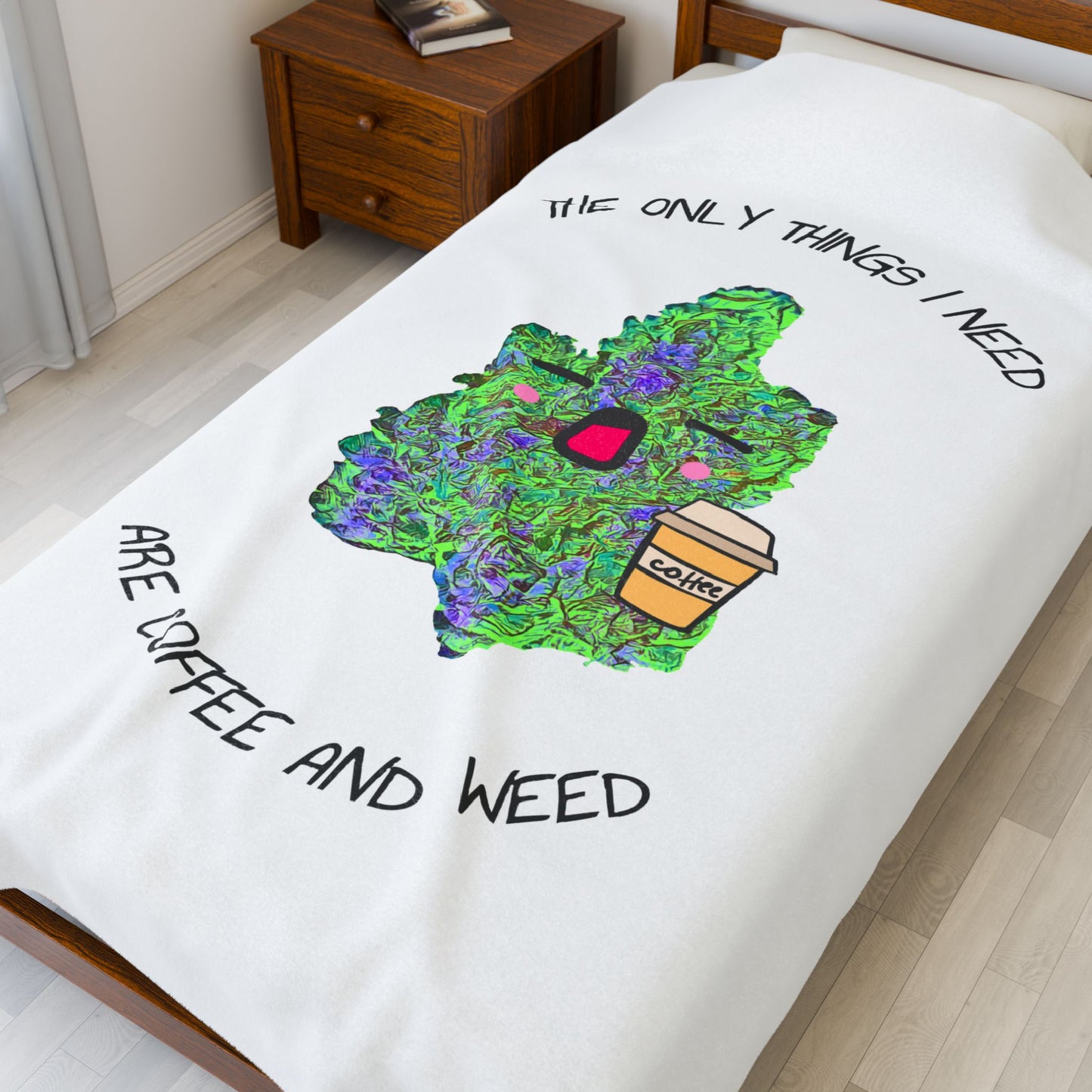 Coffee and Weed Cozy Velveteen Plush Blanket with Coffee and Cannabis Design, Perfect for Relaxing, Gifts for Stoners, Home Decor