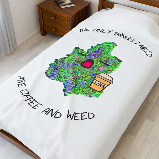 Coffee and Weed Cozy Velveteen Plush Blanket with Coffee and Cannabis Design, Perfect for Relaxing, Gifts for Stoners, Home Decor