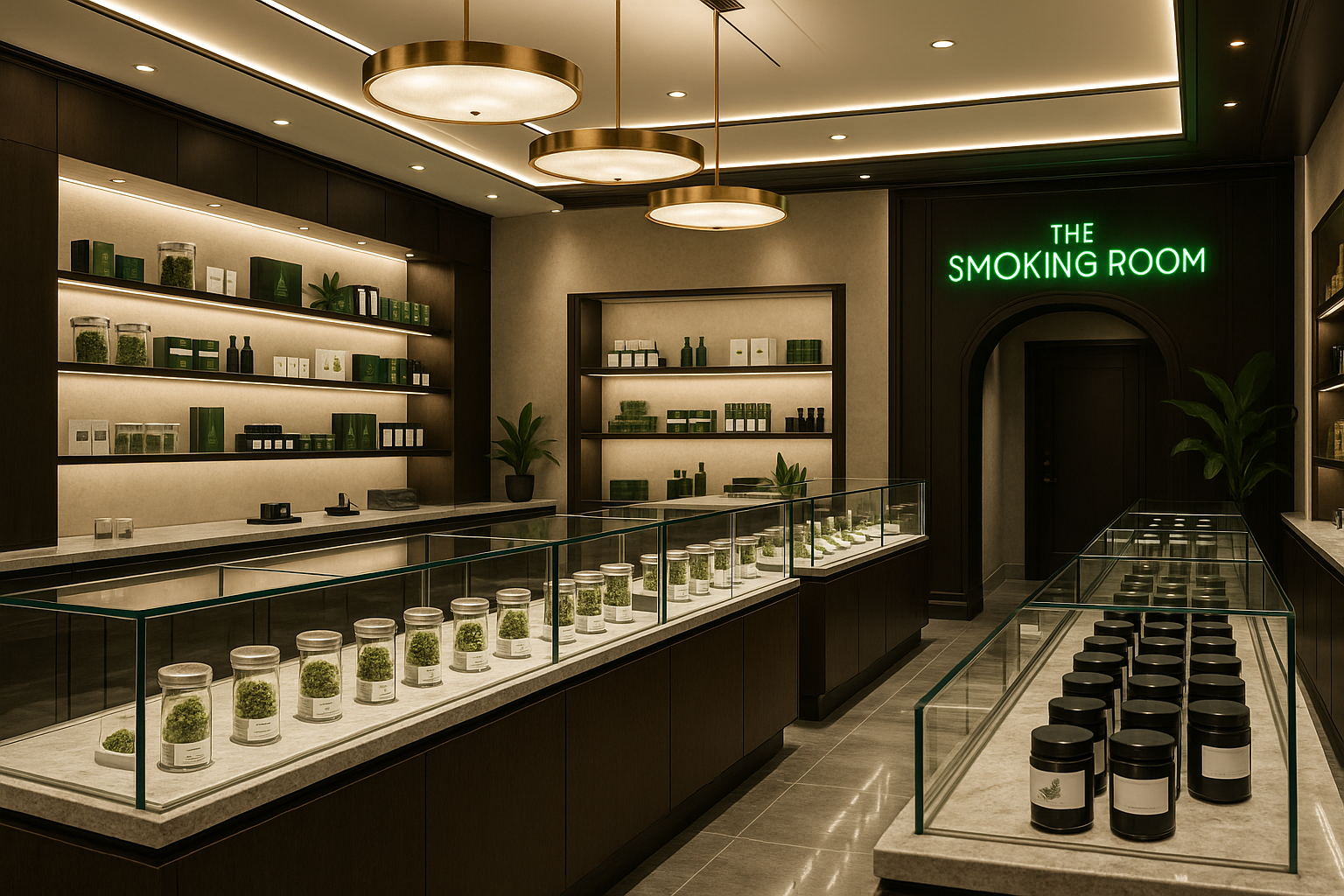 the inside of a luxury cannabis dispensary with a neon sign inside above a door that says the smoking room