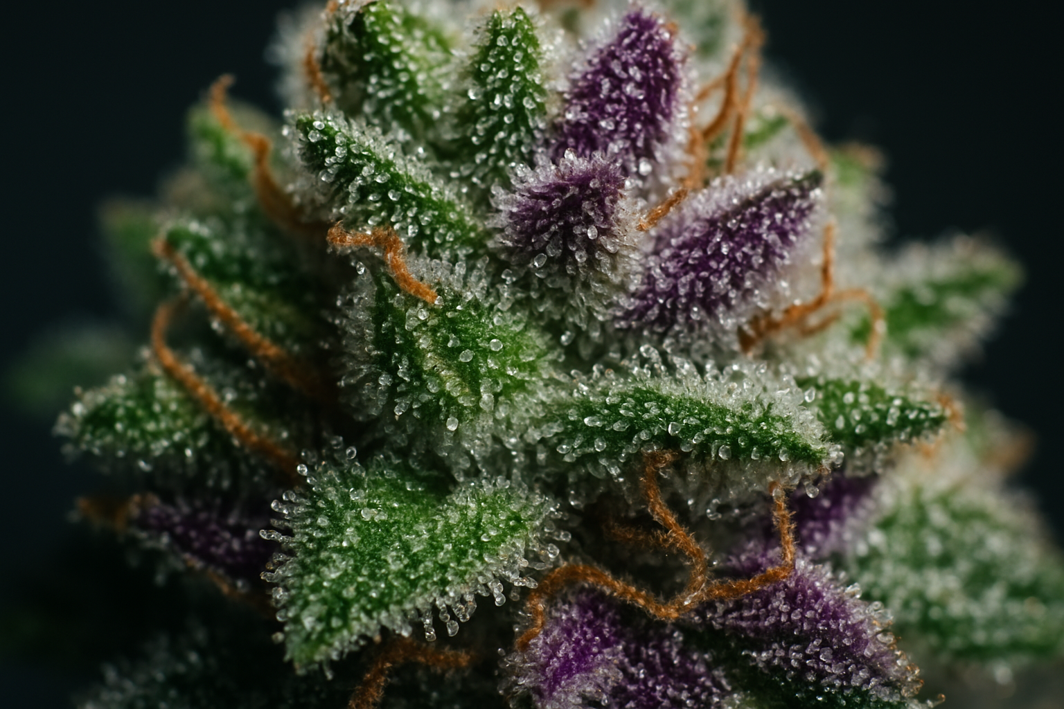 up close macro photography style picture of a cannabis nug with glistening sticky trichomes